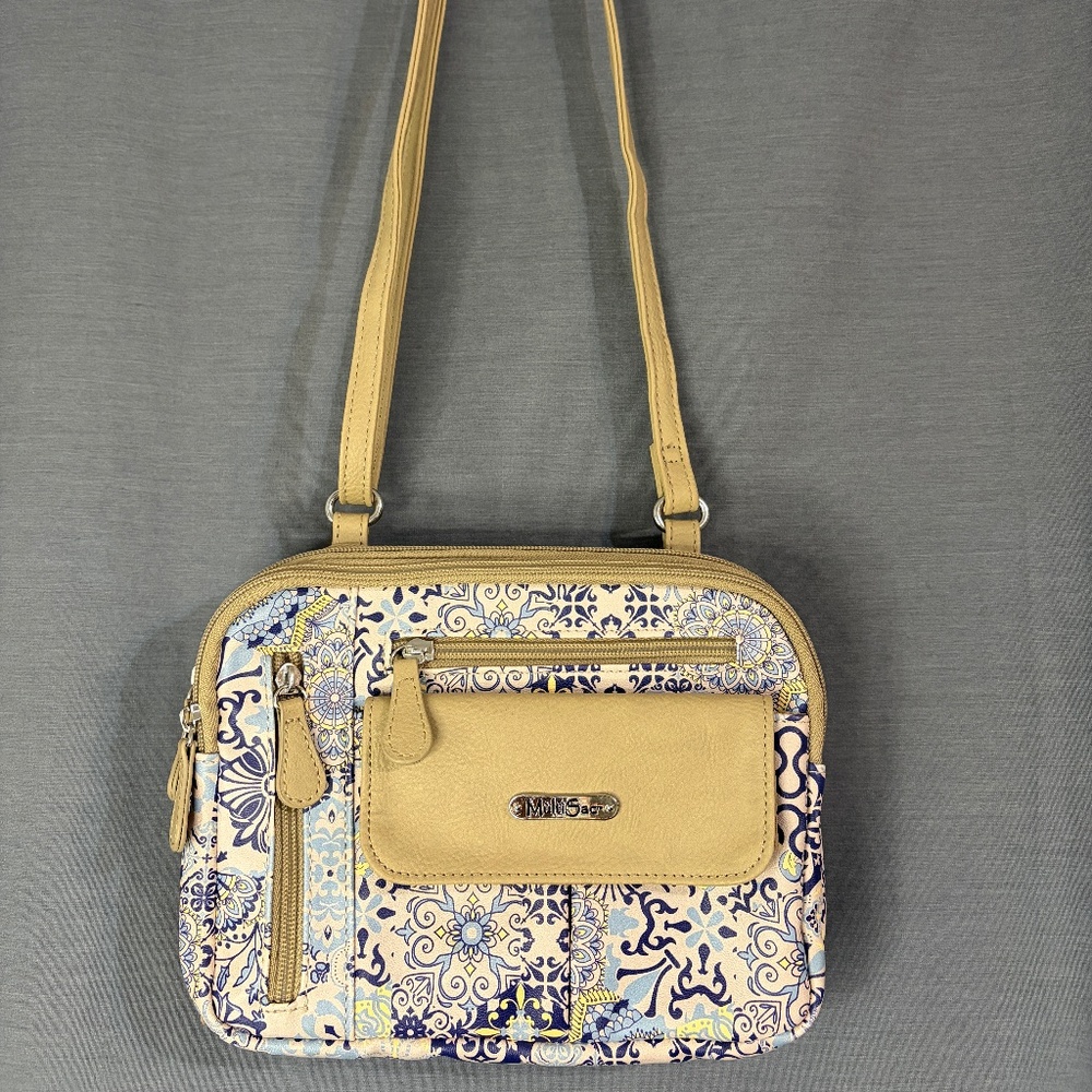 MultiSac Crossbody Purse Bag Beige & Blue Floral Casablanca Zip Pockets